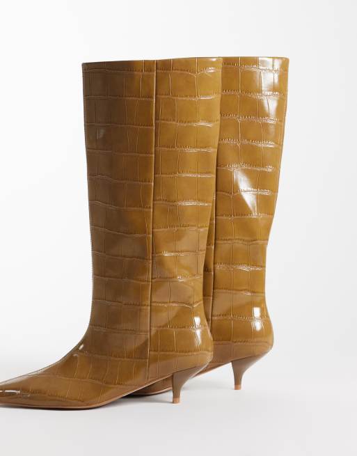 ASOS DESIGN Camille kitten heel pull on knee boots in tan croc, 4 of 4