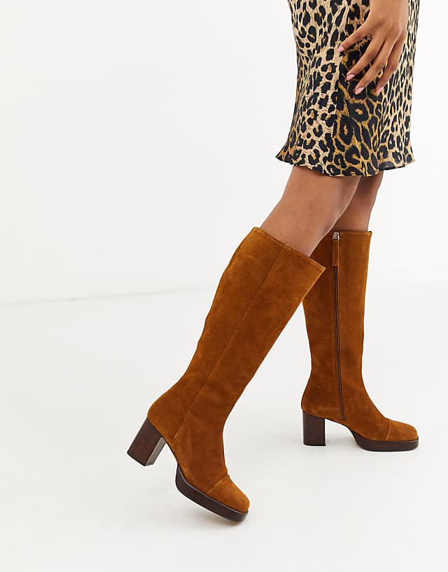 ASOS DESIGN Camille premium suede platform knee high boots in rust | ASOS