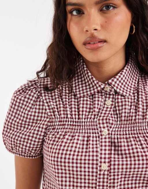 ASOS DESIGN - Camisa a cuadros vichy marrones con mangas de casquillo y cuello babero, 3 de 4