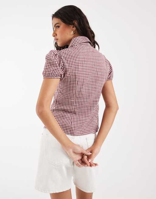 ASOS DESIGN - Camisa a cuadros vichy marrones con mangas de casquillo y cuello babero, 4 de 4