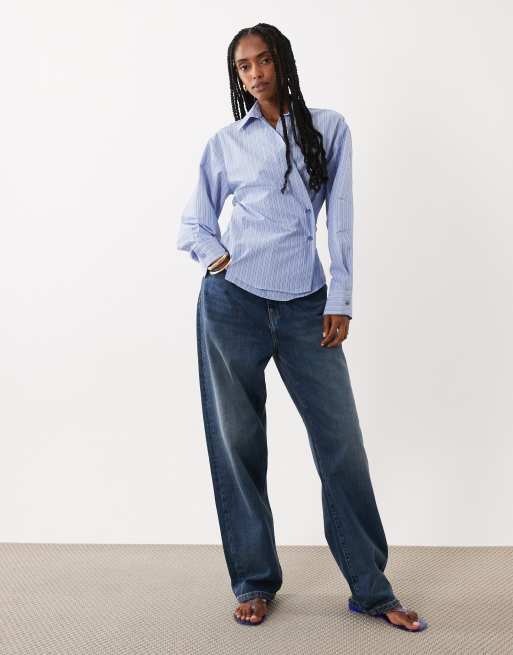 ASOS DESIGN - Camisa azul a rayas cruzada con mangas cocoon, 3 de 4