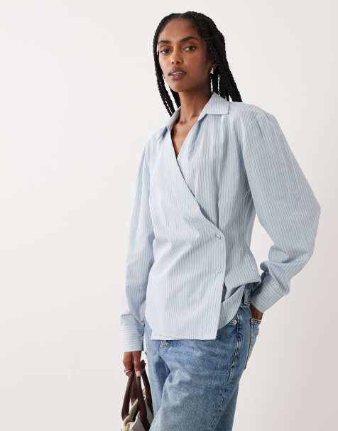 ASOS DESIGN - Camisa azul a rayas cruzada con mangas cocoon - view 1