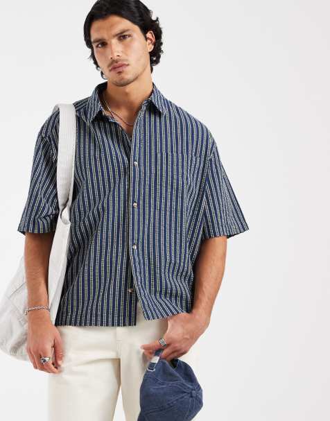 ASOS DESIGN - Camisa beis a rayas de corte cuadrado extragrande de sirsaca - view 1