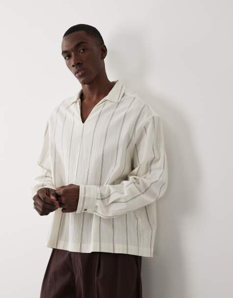 ASOS DESIGN - Camisa beis a rayas extragrande sin cierres de tejido efecto lino - view 1