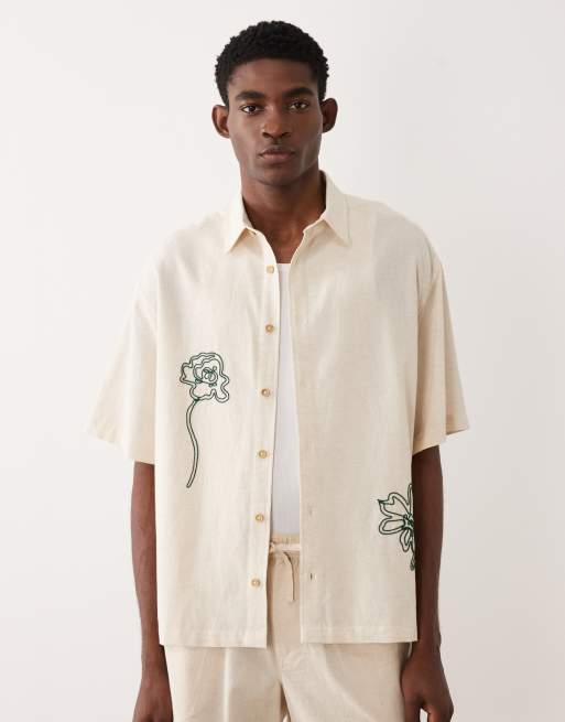 ASOS DESIGN - Camisa beis extragrande con detalle bordado tipo cuerda de mezcla de lino