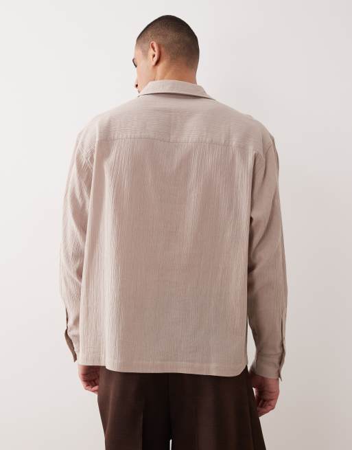 ASOS DESIGN - Camisa beis extragrande sin cierres con cuello de solapas de tejido rugoso, 3 de 5