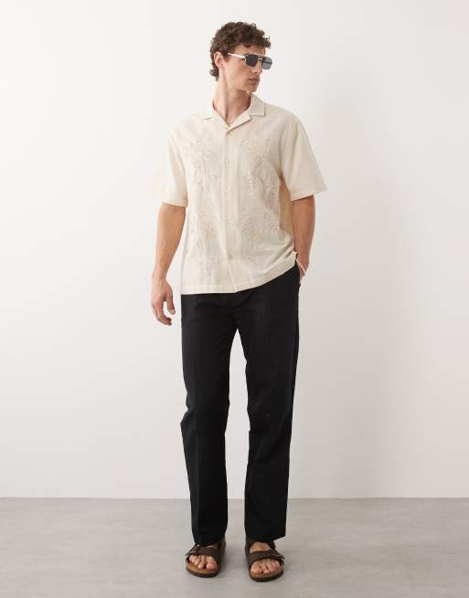 ASOS DESIGN - Camisa beis holgada con patrón de cuerdas de mezcla de lino, 2 de 7