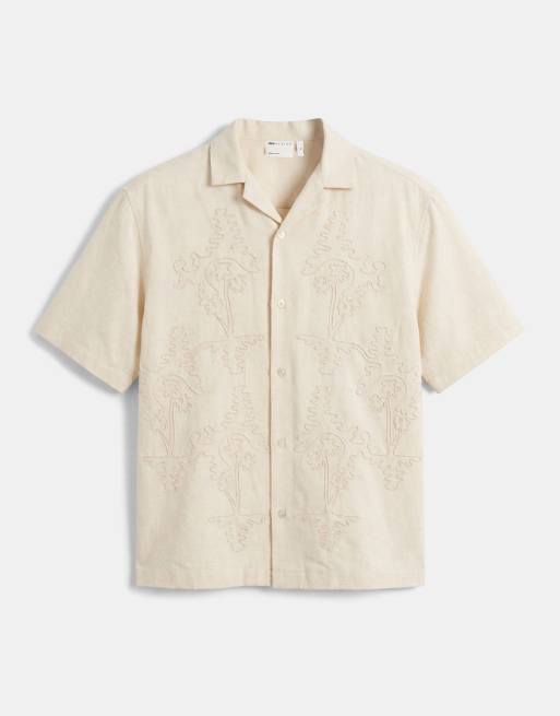 ASOS DESIGN - Camisa beis holgada con patrón de cuerdas de mezcla de lino, 6 de 7
