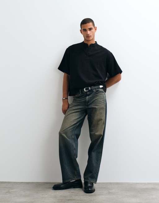 ASOS DESIGN - Camisa boxy extragrande con aspecto de lino y cuello henley en negro, 3 de 5