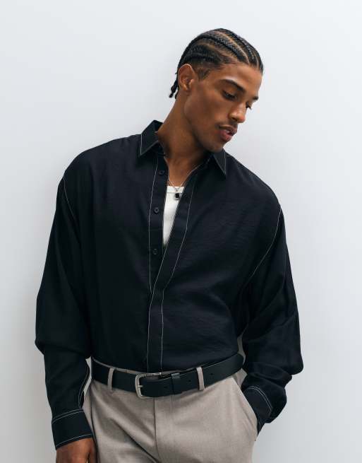 ASOS DESIGN - Camisa boxy extragrande fluida con pespuntes en contraste en negro, 5 de 5