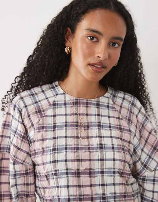 ASOS DESIGN - Camisa cropped de manga cocoon en cuadro rosa, conjunto, 4 de 4