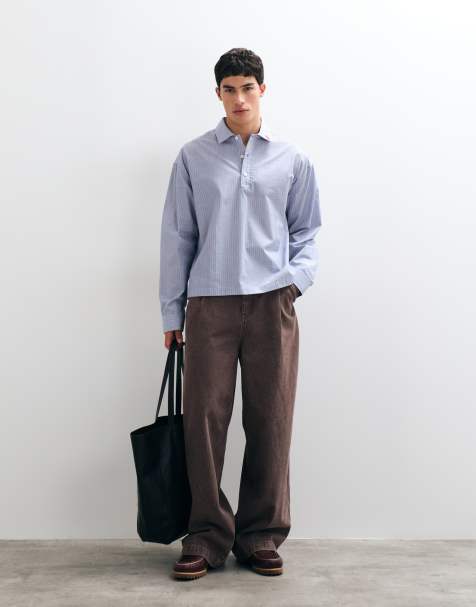 ASOS DESIGN camisa de corte boxy a rayas con bordado en el cuello en azul y blanco - view 1
