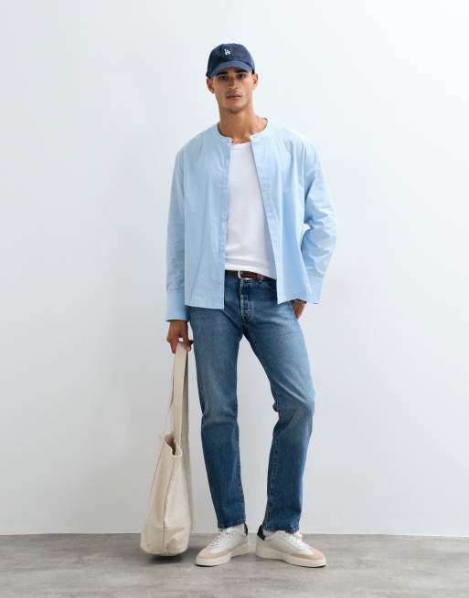 ASOS DESIGN - camisa de popelina holgada con cuello mao en azul, 2 de 5