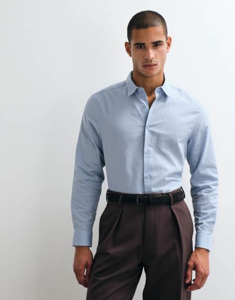 ASOS DESIGN - Camisa de vestir azul de corte estándar de mezcla de lino - view 1