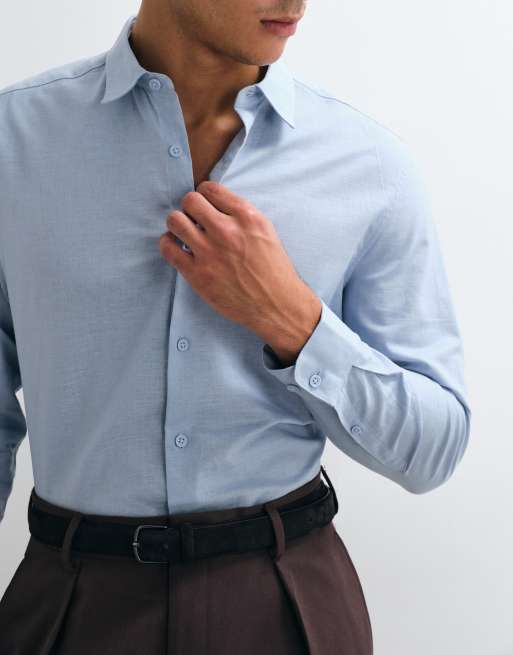 ASOS DESIGN - Camisa de vestir azul de corte estándar de mezcla de lino, 4 de 5