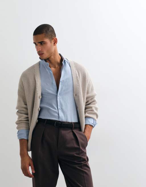 ASOS DESIGN - Camisa de vestir azul de corte estándar de mezcla de lino, 5 de 5