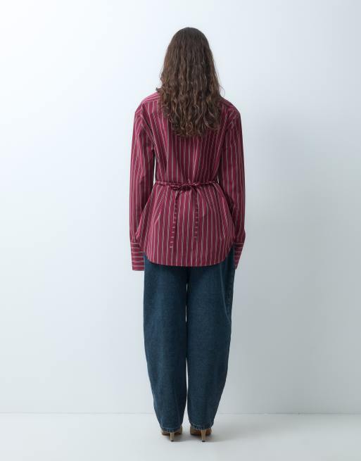 ASOS DESIGN - camisa entallada en la cintura a rayas burdeos, 5 de 7