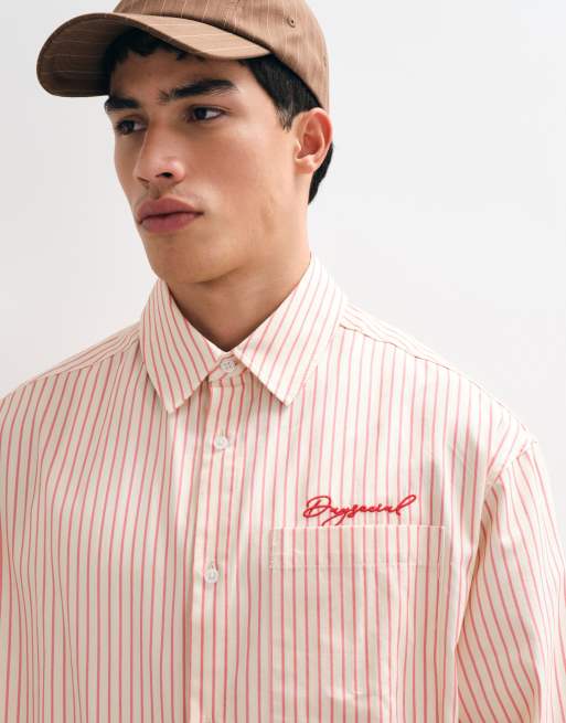 ASOS DESIGN camisa extragrande y cuadrada a rayas con bordado en el pecho en blanco roto y rosa, 2 de 5