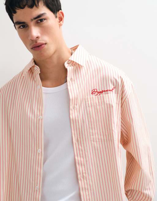 ASOS DESIGN camisa extragrande y cuadrada a rayas con bordado en el pecho en blanco roto y rosa, 5 de 5
