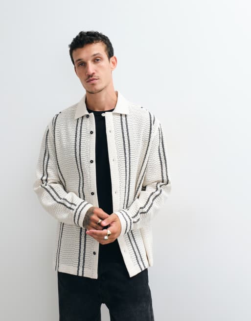 ASOS DESIGN - camisa holgada de croché a rayas con detalle de tapeta en crema, 3 de 5