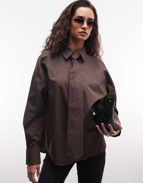 ASOS DESIGN - Camisa marrón chocolate extragrande con corbata - view 1