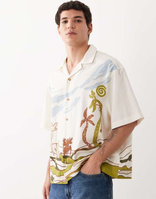 ASOS DESIGN - Camisa multicolor de corte cuadrado extragrande con estampado de mezcla de lino