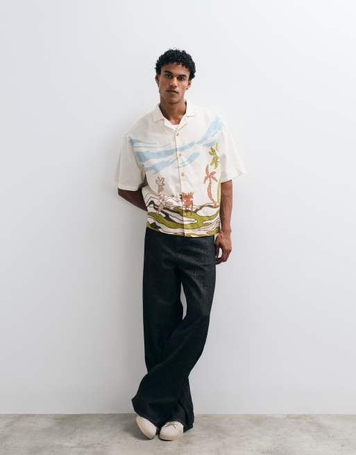 ASOS DESIGN - Camisa multicolor de corte cuadrado extragrande con estampado de mezcla de lino, 2 de 5