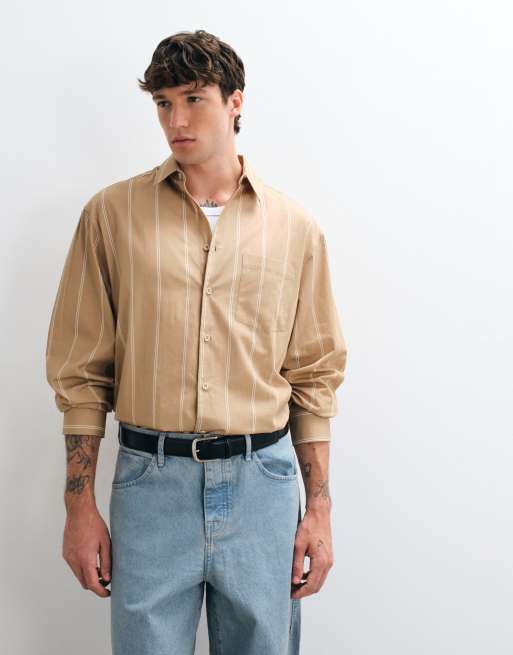 ASOS DESIGN - Camisa oversize a rayas con bajo redondeado en beige, 3 de 5