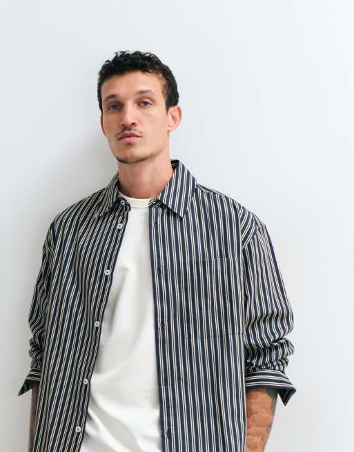ASOS DESIGN - camisa oversize boxy de popelina a rayas en azul marino, 4 de 5