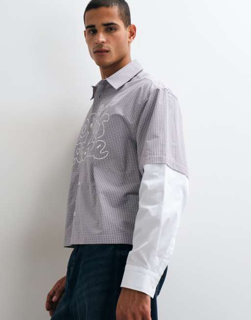 ASOS DESIGN - camisa oversize de corte boxy a cuadros con mangas superpuestas y estampado posicionado en multi, 4 de 5