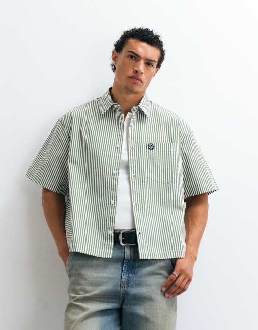 ASOS DESIGN - camisa oversize de corte boxy a rayas con bordado en verde