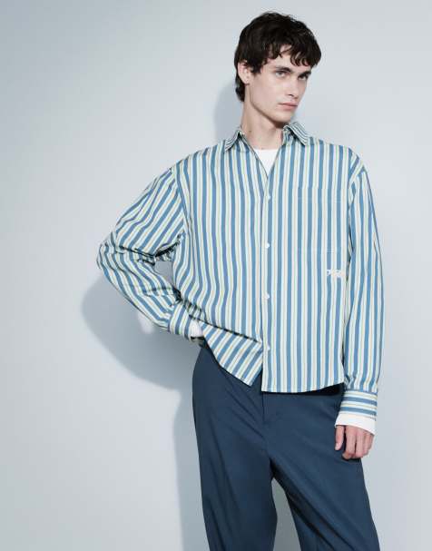 ASOS DESIGN - Camisa oversize de popelina a rayas con bordado en el pecho en azul - view 1