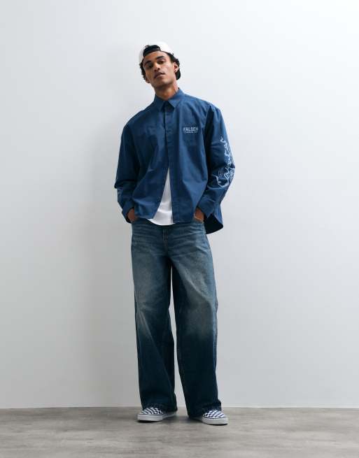 ASOS DESIGN - camisa popelina extragrande con estampados colocados en azul, 4 de 5