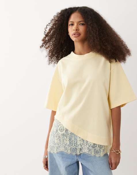ASOS DESIGN - Camiseta amarillo pastel de manga corta con bajo de encaje - view 1
