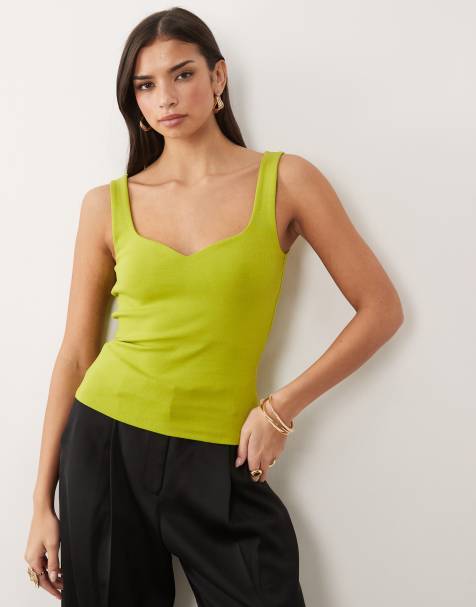 ASOS DESIGN - Camiseta amarillo verdoso sin mangas con cuello redondeado de tejido compacto de algodón - view 1
