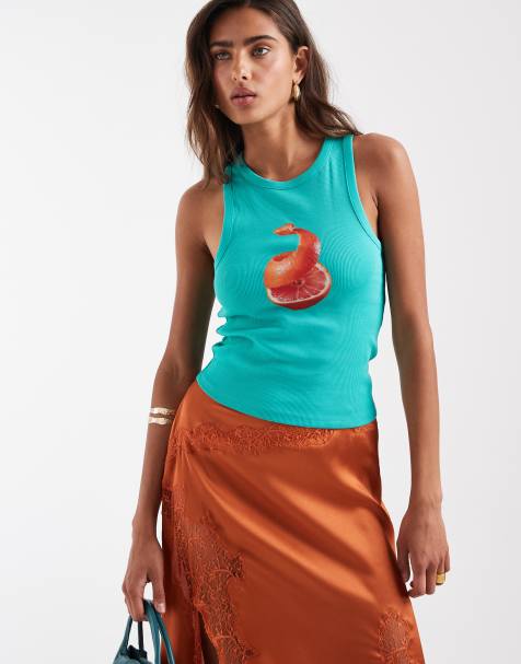 ASOS DESIGN - Camiseta azul aguamarina sin mangas con estampado gráfico de pomelo pelado y espalda de nadadora - view 1