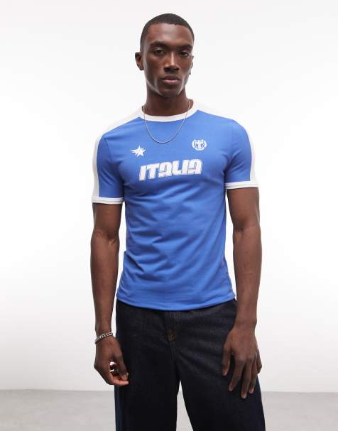 ASOS DESIGN - Camiseta azul ajustada con estampado gráfico futbolero con texto "Italia" y ribetes - view 1