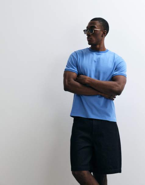 ASOS DESIGN - Camiseta azul de corte cuadrado estándar con ribetes a tono de tejido grueso - view 1