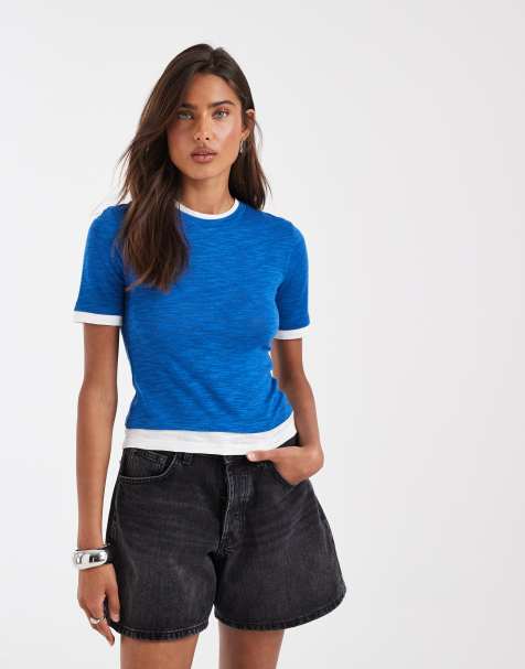 ASOS DESIGN - Camiseta azul luminoso con diseño encogido y diseño efecto doble capa de tejido flameado - view 1