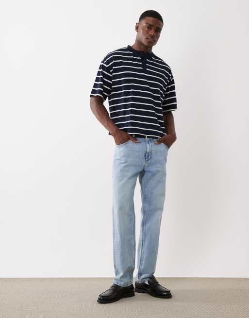 ASOS DESIGN - Camiseta azul marino a rayas de corte cuadrado extragrande con cuello panadero, 2 de 5