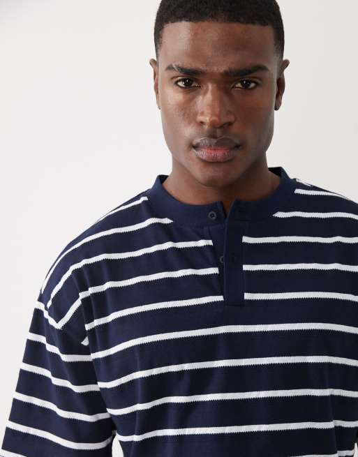 ASOS DESIGN - Camiseta azul marino a rayas de corte cuadrado extragrande con cuello panadero, 3 de 5