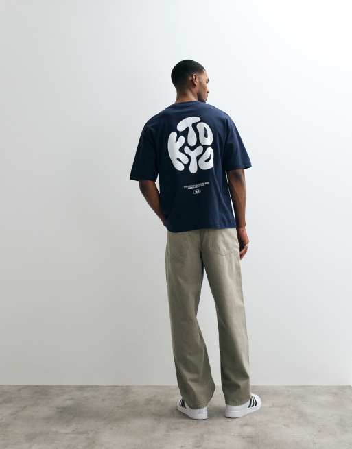 ASOS DESIGN - Camiseta azul marino extragrande con estampado de texto "Kyoto" efecto burbuja, 5 de 5