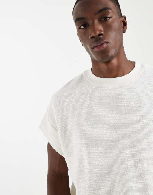 ASOS DESIGN - Camiseta beis de corte cuadrado extragrande con mangas de casquillo de tejido grueso texturizado, 5 de 5