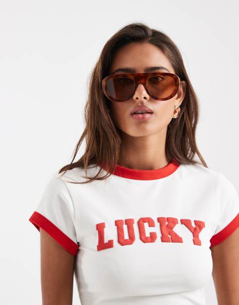 ASOS DESIGN - Camiseta blanca con diseño encogido, ribetes y estampado de texto "Lucky" - view 1