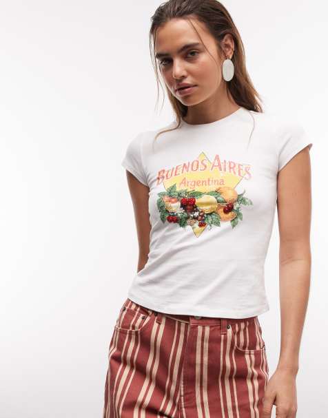 ASOS DESIGN - Camiseta blanca con diseño encogido y estampado gráfico de frutas y texto "Buenos Aires" con cuentas - view 1