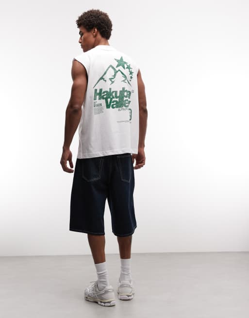 ASOS DESIGN - Camiseta blanca extragrande sin mangas con estampado gráfico de montaña , 2 de 5