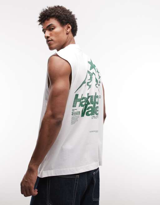 ASOS DESIGN - Camiseta blanca extragrande sin mangas con estampado gráfico de montaña , 4 de 5