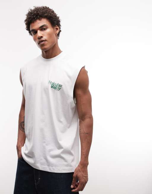 ASOS DESIGN - Camiseta blanca extragrande sin mangas con estampado gráfico de montaña , 5 de 5