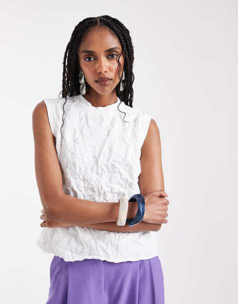 ASOS DESIGN - Camiseta blanca sin mangas de corte cuadrado de punto efecto arrugado - view 1