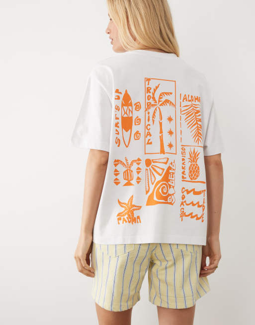 ASOS DESIGN - Camiseta blanca y naranja extragrande con estampado gráfico de boceto playero, 4 de 4